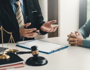 Attorney talking to client